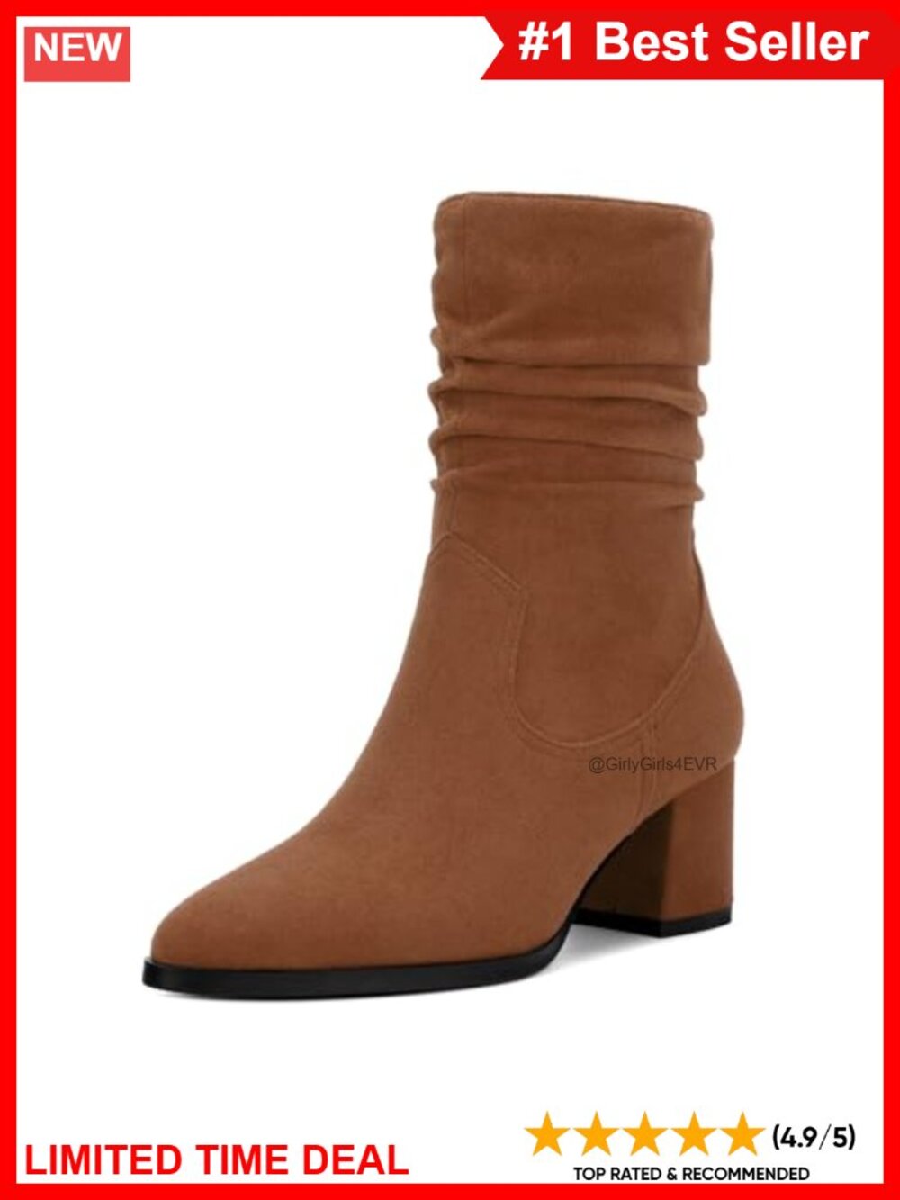 Mid Calf Boots Chunky Heel Pleated Side Zipper Pointed Toe Work Street